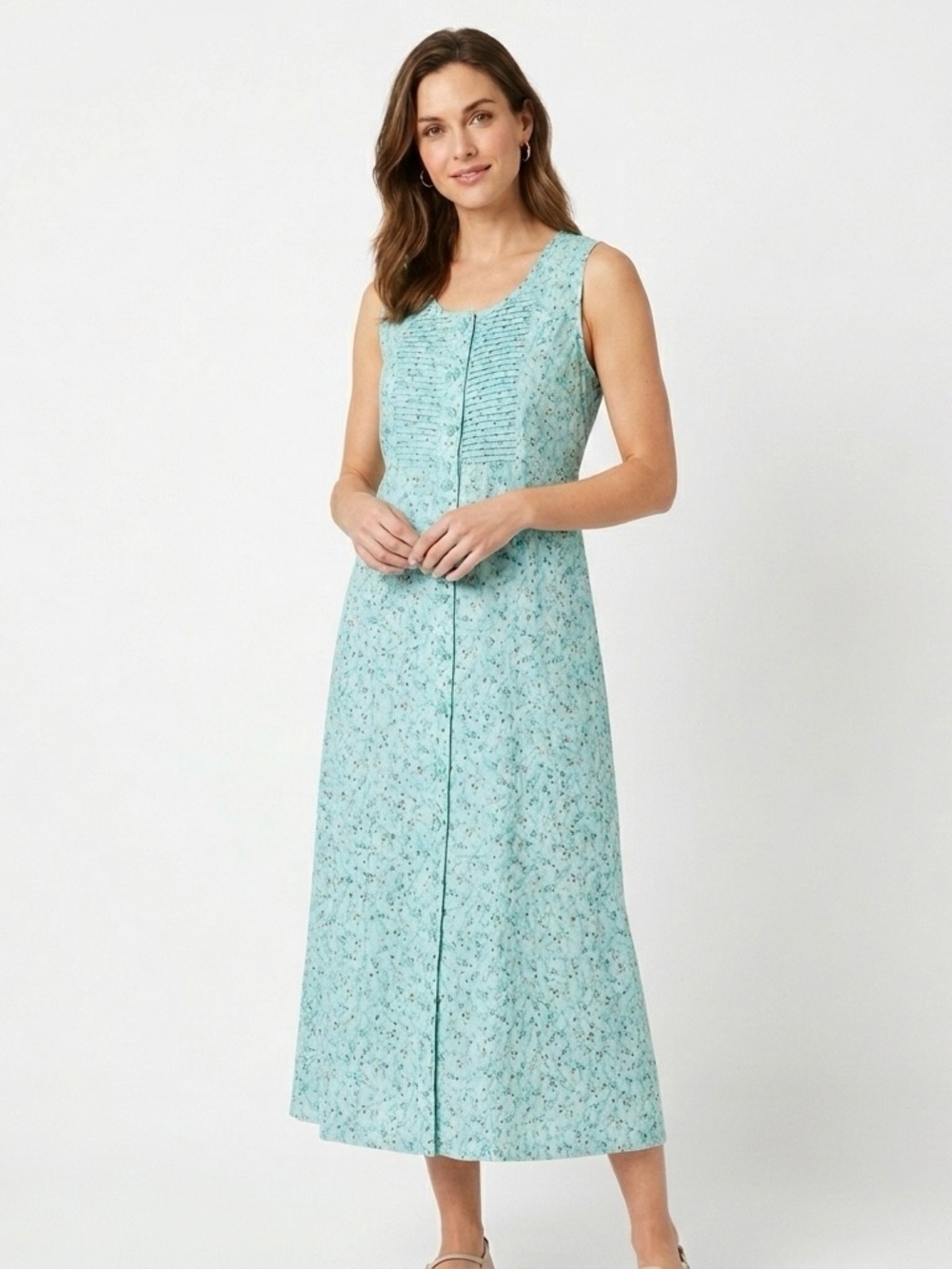 Christopher & Banks Teal Floral Pintuck Maxi Dress - Size 10 Y2K 2000s
